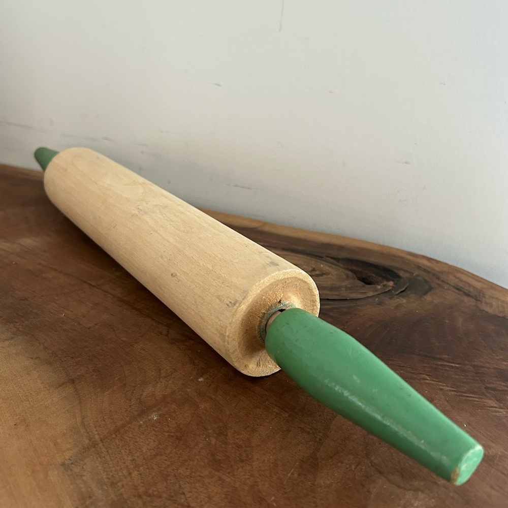 Vintage farmhouse Wooden Rolling Pin with Green Handles
